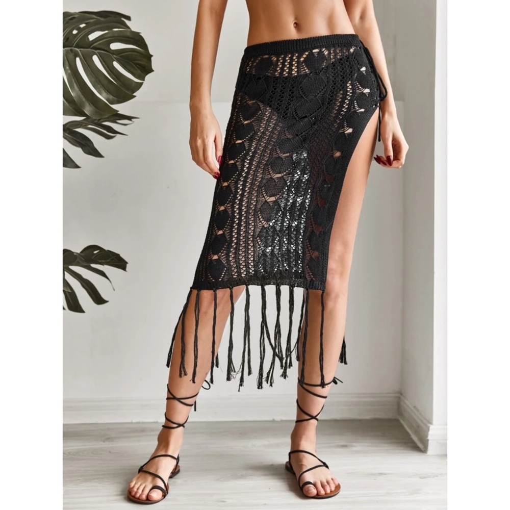 Fringe Hem Crochet Cover Up Poolside Skirt